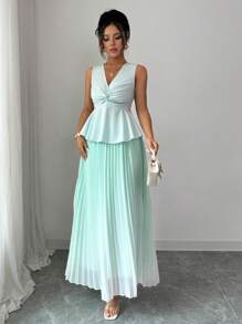 Breezaya 2pcs/Set Elegant Solid Color Twist Front Tank Top And Pleated Skirt, Summer - Mint Green - View 5