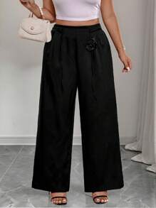 Elenzga Plus Size Women's French Black Slim Trousers, Three-Dimensional Flower Decoration Rope Matching, Business Exquisite Matching Fall Cloth For Women