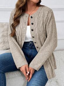 Plus Size Women Cable Flower Pattern Long Sleeve Single-Breasted Casual Cardigan Winter Fall Autumn - Khaki - View 3