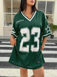 SHEIN EZwear V-Neck T-Shirt Dress With Letter Print, Plus Size,Back To School - Dark Green - View 4