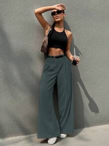SHEIN EZwear 女士高腰系带阔腿休闲办公裤，灰色 - 灰色 - 查看 6