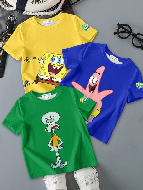SpongeBob SquarePants X SHEIN Conjunto de 3 camisetas de manga corta de verano casuales y lindas con gráficos de dibujos animados y letras para niños pequeños
