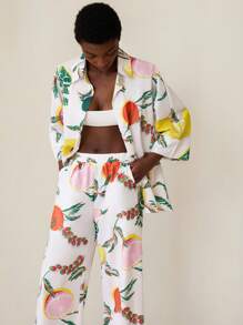 Aveloria Modichic [Phong cách Châu Âu và Mỹ] Áo sơ mi sợi tre in hình trái cây rộng rãi + Quần ống rộng in hình trái cây giản dị chất lượng cao, Bộ 2 món sảng khoái cho nữ - Nhiều màu - Xem 3