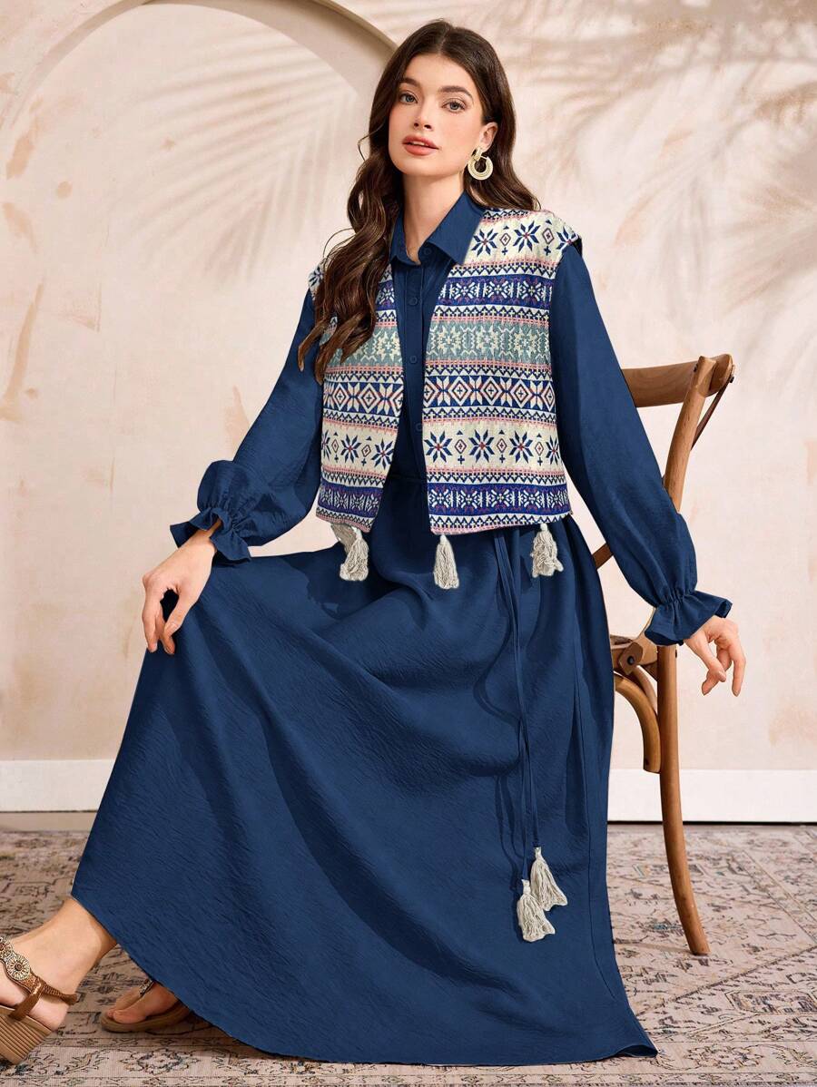 Al Najma 女士阿拉伯时尚套装，长袖，适合夏季 - 藏蓝色 - 查看 1