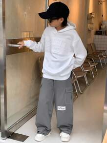 SHEIN 2pcs/Set Tween Boy 3D Letter Embossed Hoodie With Cargo Pocket And Two-Tone Sweatpants, Casual Outfit For Autumn/Winter, Suitable For School, Hangout, Vacation, All Occasions, Teen Boy Two Piece Set, Boy Kids Sweat Pants And Hoodie, 2 Piece Teen Boys Hoddie And Sweatpants Fall