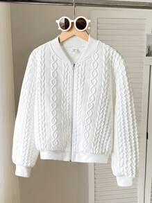 SHEIN 秋冬款青少年女孩休闲时尚麻花针织提花圆领拉链棒球夹克外套