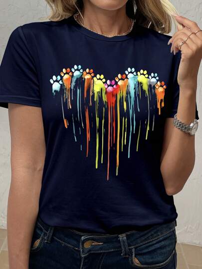 SHEIN LUNE Plus Size Casual & Cute Dog Paw & Heart Print T-Shirt
