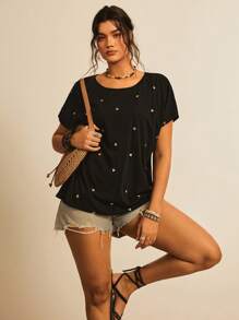 SHEIN VCAY Camiseta holgada con estampado de corazón en estilo bohemio y casual para talla grande, sencilla y de moda para uso diario en verano