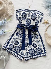 Soleia 全新优雅花卉波西米亚吊带连体裤，非常适合度假蓝白花卉连体裤花卉连体裤短裤抹胸连体裤白色连体裤配蓝色花朵女式连体裤