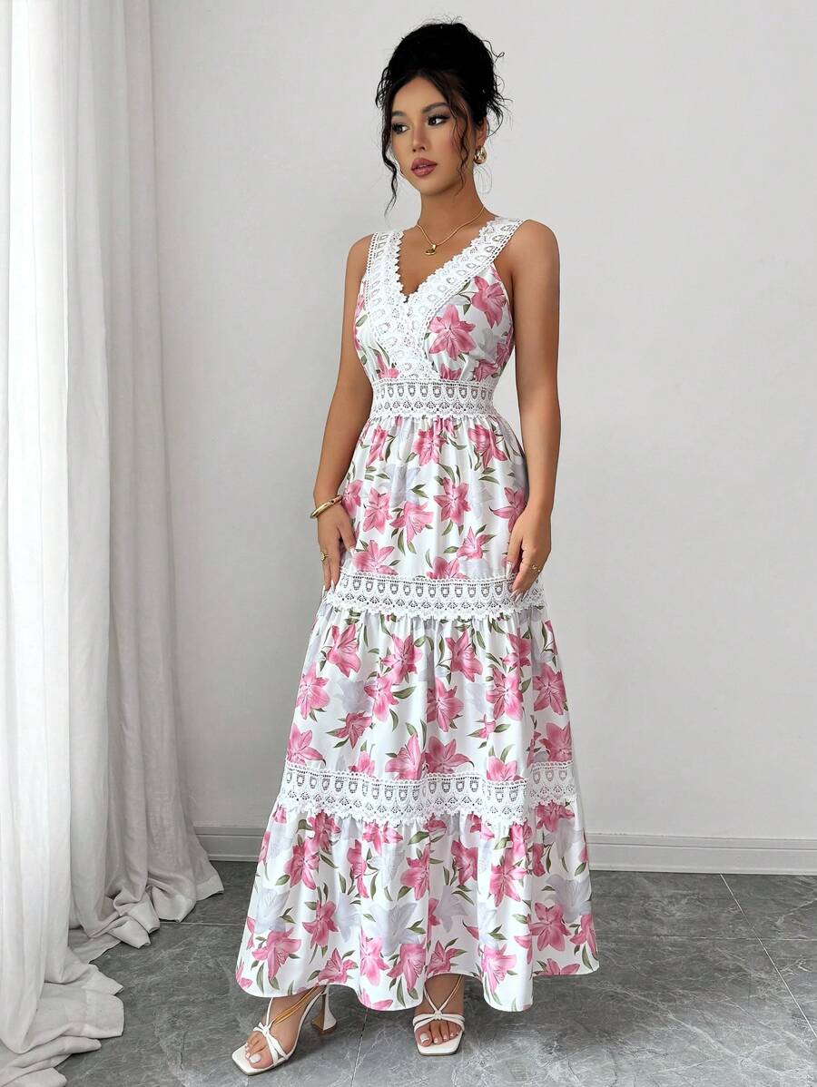 Elenzga 女士花卉印花撞色蕾丝无袖度假连衣裙（图案随机剪裁）