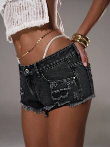 TRNVIE Casual Distressed Low-Waist Denim Shorts - Black - View 8