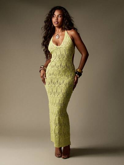 slim fit dress slacks Green Crochet Cutout Knit Dress main image 0