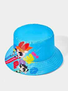 THE POWERPUFF GIRLS X SHEIN Reversible Blue Cartoon Letter Print Bucket Hat - Blue - View 3