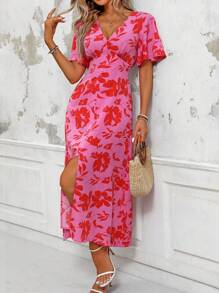 SHEIN PETITE 女士优雅法式休闲度假音乐节腰带 V 领短袖 A 字中长连衣裙，带纽扣装饰 - 彩色 - 查看 4