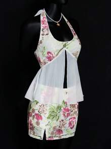 SHEIN ICON Top de cuello halter trasero descubierto con glitter, bordados, lentejuelas y estampado floral, para verano, ideal para salidas y vacaciones