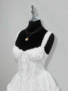 SHEIN ICON 女士白色茶会刺绣束腰外衣时尚优雅蕾丝边结饰吊带连衣裙 - 白色 - 查看 4