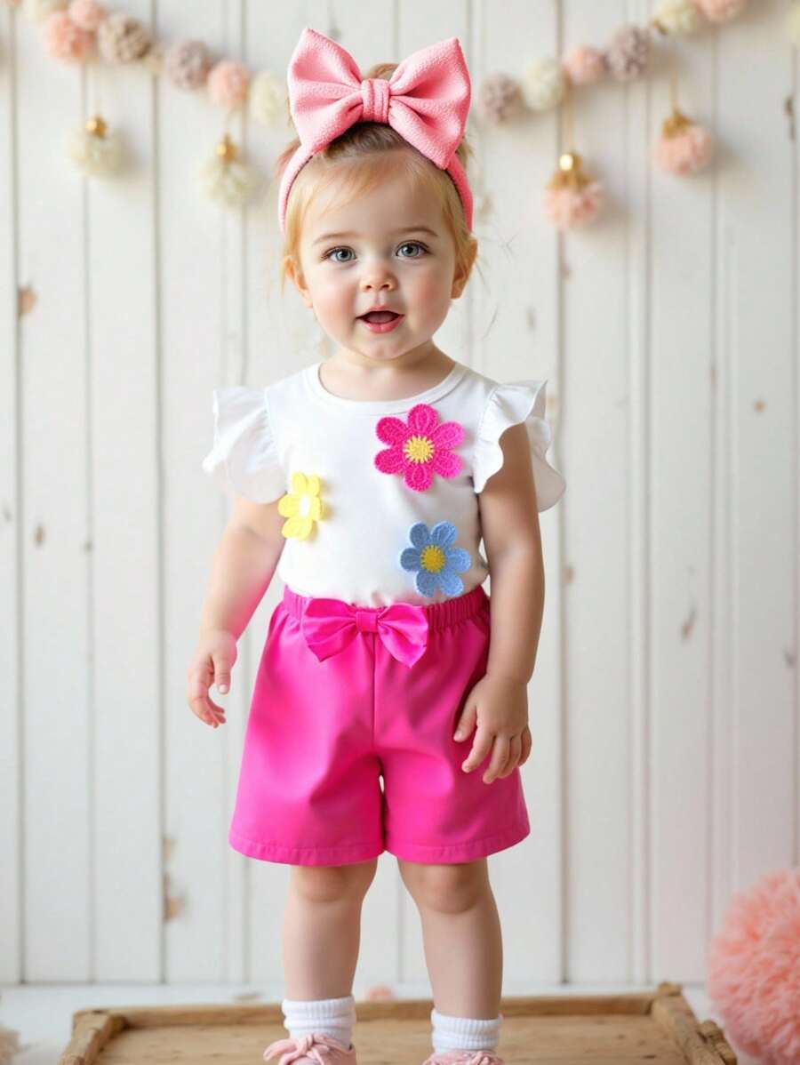 Bộ áo phông và quần short họa tiết hoa cổ tròn tay bồng đơn giản cho bé gái - màu xanh lá - Xem 1