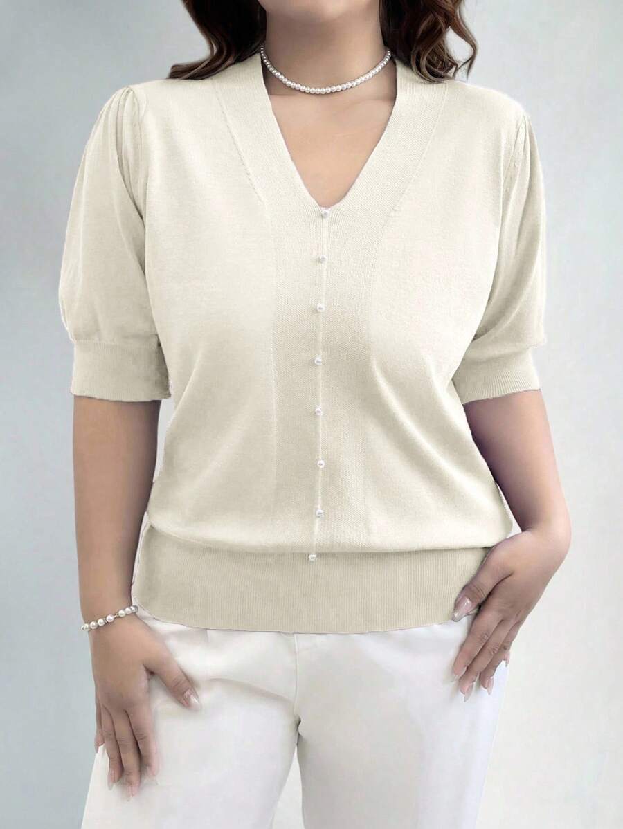 EMERY ROSE Plus Size Women's Solid Color V-Neck Short Puff Sleeve Casual Pullover Sweater Knit Pullover Fall Winter Autumn - Apricot - View 1