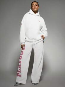 Missguided x Playboy Oversized Drawstring Hoodie Jogger Sweatshirt Long Sleeve Lounge Streetwear Fall Winter Casual Comfort Athleisure - White - View 3
