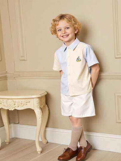 SHEIN 2 件幼儿男童夏季服装套装：多巴胺印花 Polo 领 T 恤 + 休闲短裤，日常穿着