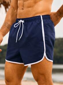 Manfinity Swimmode 男士休闲撞色饰边抽绳腰沙滩短裤，适合夏季、度假 - 藏蓝色 - 查看 5