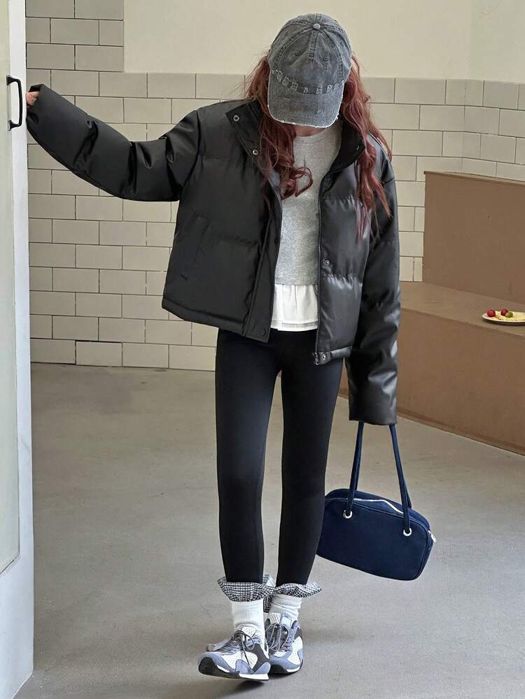 Teen Girls' PU Casual Street Style Loose Solid Color Padded Coat, Winter Leather Jacket