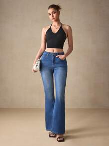 SHEIN EZwear Fashionable Embroidered Stretch Denim Flare Pants - Medium Wash - View 7