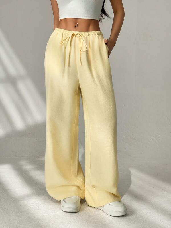 SHEIN PETITE Yellow Woven Women's Wide Leg Trousers,Cargo Pants