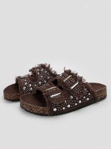 Solecia Women Round Toe Brocade Fringed Double-Buckle Flat Comfortable Casual, Party, Commuting Fashion Versatile Shoes For Christmas