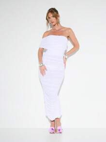 KIZN Einschultrig Bardot geraffte Abendkleid Mesh Maxikleid formelle Hochzeitsgast Gelegenheit Party bodenlang Kleid