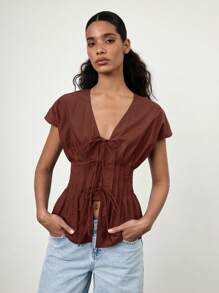 Maija Spring/Summer New V-Neck Front Tie Bow Waist Pleated Shoulder Puff Sleeve Women Shirt, Coffee Brown, Elegant For Carnival, Party, Valentine's Day - Burgundy - View 3