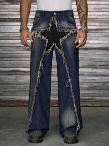 AXEPEAK Men's Casual Washed Distressed Colorblock Star Print Denim Jeans - Black - View 1