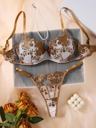 Semi Doorschijnende Coffee Bruin Bloemen Matching BH Slipje Set Everyday Elegance Kanten Lingerie Sets Panties Geborduurde