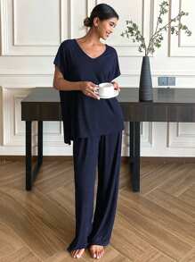 DAZY Bộ đồ ngủ 2 món tay ngắn và quần dài dáng rộng màu trơn, đồ mặc nhà thường ngày cho nữ, trang phục - Màu xanh hải quân - Xem 3