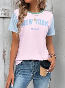 SHEIN LUNE 休闲简约条纹撞色英文字母印花宽松圆领短袖T恤女款，适合夏季，适合机场穿 - 彩色 - 查看 3