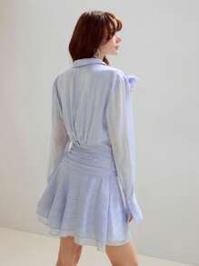 MOTF PREMIUM CHIFFON STRIPED PRINT STEREO FLOWER DETAIL RUCHED WAIST SHORT DRESS - Blue - View 3