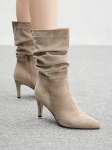 CUCCOO BIZCHIC Pointed Toe Kitten Heel Khaki Fashionable Slip-On Pleated Suede Mid-Calf Boots For Women For Christmas - Khaki - View 5
