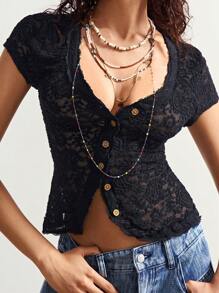 Bohemela 1pc Women Solid Knit Lace Short Sleeve V-Neck Fitted Top