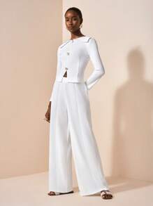 Zivah 2025 früher Herbst neue lässige elegante Outfit für tägliche Verabredungen, Partys und Bankette: Rundhals-Oberteil + Revers mit Metall-Knopf-Dekoration, vorne mittig geschlitzt, langärmlig + gerade geschnittene, ultraweite Hose, Damen Zweiteiler - Variante A - Weiss - Übersicht 3