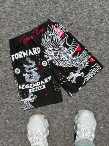 青少年男孩休闲舒适百搭短裤，带有龙印花图案，适合通勤、上学、日常休闲、户外活动、运动、街头时尚