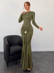 Aloruh Autumn/Winter New Meraid Women Long Dress - Army Green - View 4