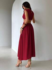 Aloruh 女士薄荷绿褶皱针织连衣裙，春夏 - 酒紅色 - 查看 2