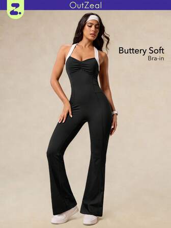 OutZeal Women Sweat Wicking Crossover Strap Backless Removable Pads Flared Sports Jumpsuit Daily Casual Studio