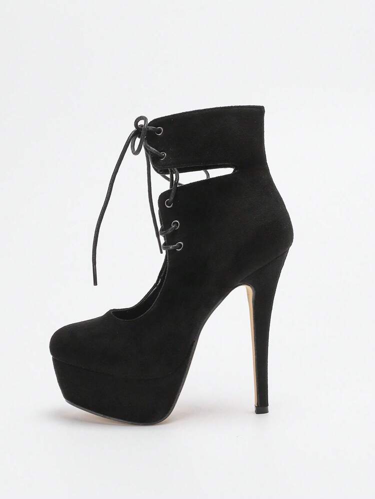 CUCCOO LuxiPop Botas de tacón de aguja de plataforma con cordones hasta el tobillo de punta fina para mujer, color negro, sexy y de moda para discoteca, Halloween, Navidad, atuendo de fiesta, suela gruesa