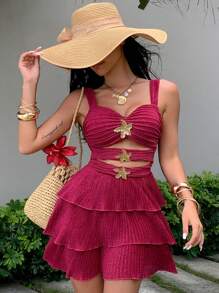 DAZY 女士春夏海滩度假金属花卉装饰镂空多层荷叶边下摆短款连衣裙 - 粉色 - 查看 8