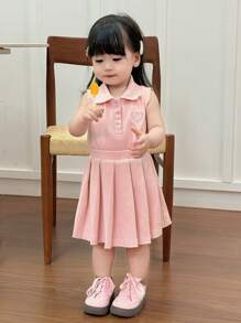 Dazy Kids Toddler Girls' Polo Collar Solid Color Sleeveless Top And Pleated Solid Color Skirt Set - Pink - View 1
