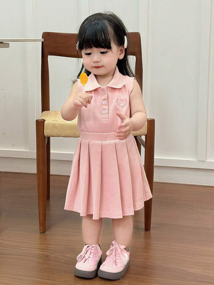 Toddler Girls' Polo Collar Solid Color Sleeveless Top And Pleated Solid Color Skirt Set