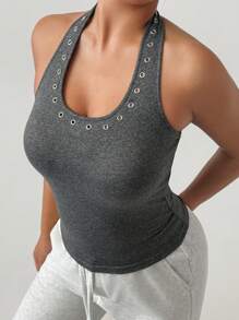 DAZY Top de tirantes con escote halter con decoración de remaches para mujer, ideal para verano y uso al aire libre - Gris - Ver 3