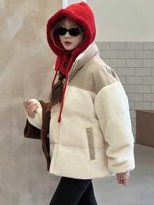 DAZY 青少年（女孩）韩版撞色羊毛拼布休闲棉服冬季外套 - 彩色 - 查看 6