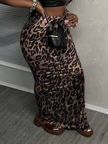 Slaydiva 2 件棕色豹纹低腰紧身美人鱼长裙，豹纹图案，女士适用 - 彩色 - 查看 6